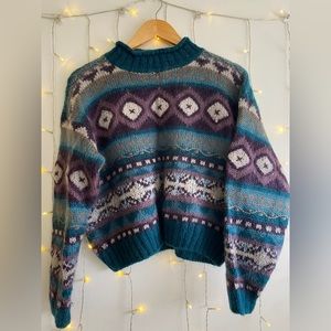 Mohair embroidered retro mock neck drop shoulder cropped sweater